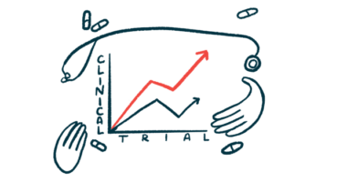 Two hands, a stethoscope and a handful of oral medications surround a graph labeled 'CLINICAL TRIAL' that shows positively trending results.