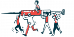 An illustration of people carrying a person sitting on a large and filled syringe.