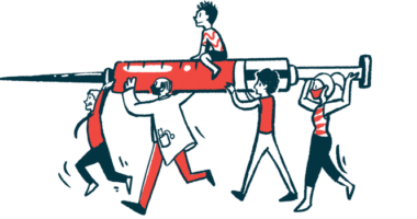 An illustration of people carrying a person sitting on a large and filled syringe.