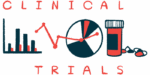 A bar graph, line graph, pie chart, and prescription bottle and some pills are sandwiched between the words clinical and trial.