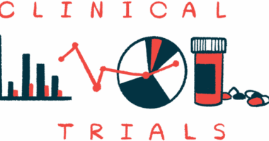 A bar graph, line graph, pie chart, and prescription bottle and some pills are sandwiched between the words clinical and trial.