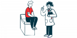 A doctor holding a clipboard gestures while talking to a patient seated on an examining table.
