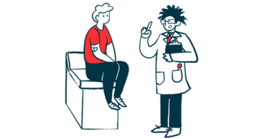 A doctor holding a clipboard gestures while talking to a patient seated on an examining table.