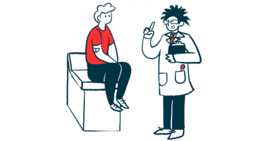 A doctor holding a clipboard gestures while talking to a patient seated on an examining table.
