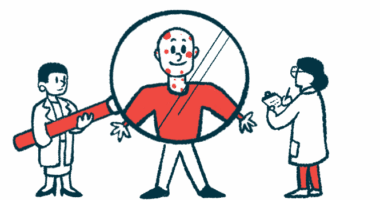 An illustration of a doctor holding a magnifying glass over a man's face and upper torso while another doctor takes notes