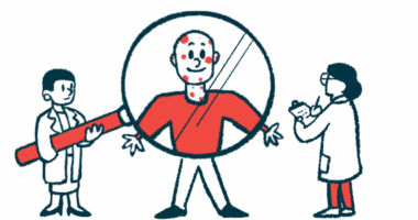 An illustration of a doctor holding a magnifying glass over a man's face and upper torso while another doctor takes notes