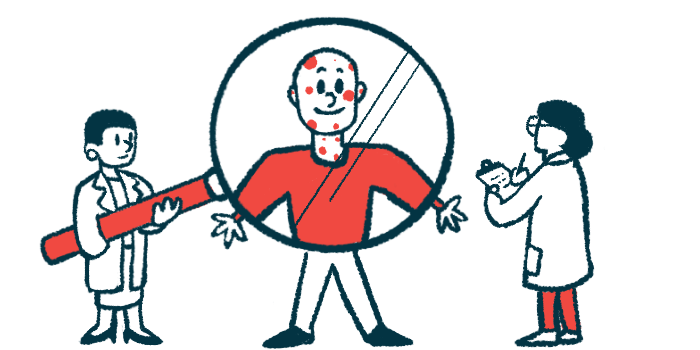An illustration of a doctor holding a magnifying glass over a man's face and upper torso while another doctor takes notes
