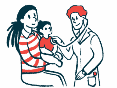 A doctor uses a stethoscope to examine a child who's sitting on the parent's lap.