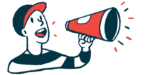 The illustration shows a man making an announcement using a megaphone.