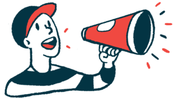 The illustration shows a man making an announcement using a megaphone.