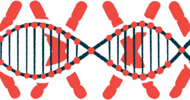 An image of the double helix is superimposed over a set of chromosomes.