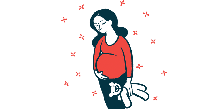A pregnant woman holds a teddy bear with one hand while cradling her belly with the other.