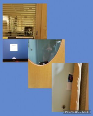 A collage shows three photos against a blue background. The photos depict printed out images from horror movies, posted in random spots around a hospital room.