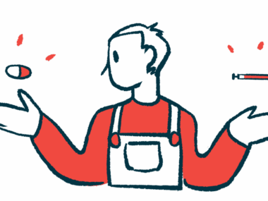 A person weighs a choice between two different medicines, balancing one over each hand.