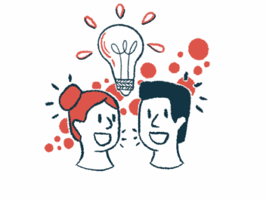 Two people are shown smiling and talking under a lightbulb.