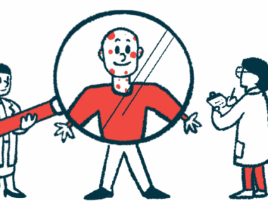 A person stands behind a giant magnifying glass while a person in a white coat writes on a clipboard.