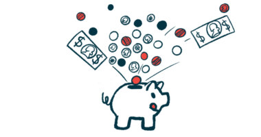 Coins and bills are seen funneling into the top slot of a pig-shaped bank that's licking its lips.