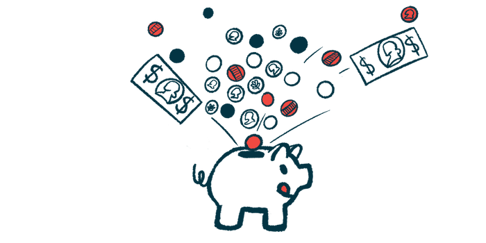 Coins and bills are seen funneling into the top slot of a pig-shaped bank that's licking its lips.