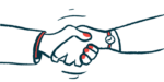 Two hands are seen clasped together in this close-up illustration of a handshake.