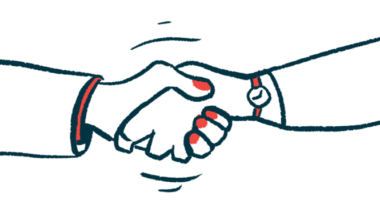 Two hands are seen clasped together in this close-up illustration of a handshake.