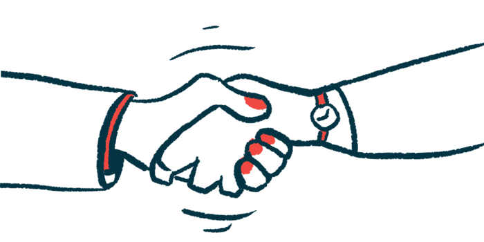 Two hands are seen clasped together in this close-up illustration of a handshake.