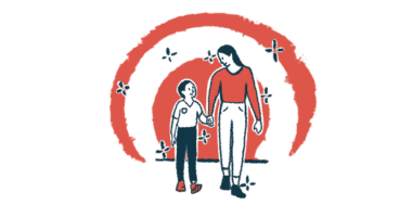 An illustration of a mother and child walking together with the mother holding her small child's hand.