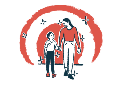 An illustration of a mother and child walking together with the mother holding her small child's hand.