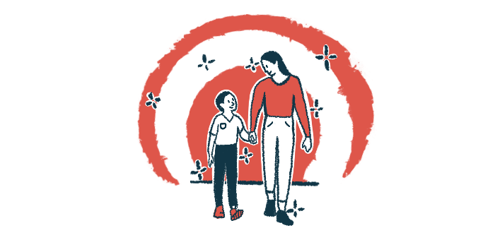 An illustration of a mother and child walking together with the mother holding her small child's hand.