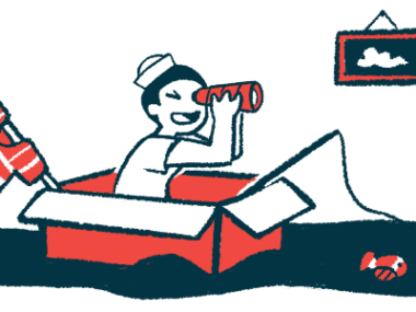 A child in a sailor hat looks through binoculars while sitting in a box with a fishing pole attached.