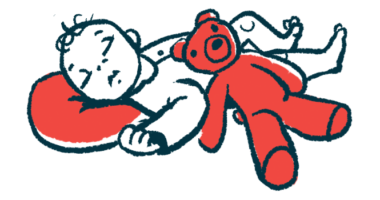 An illustration shows a baby sleeping with a teddy bear.