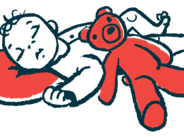 An illustration shows a baby sleeping with a teddy bear.