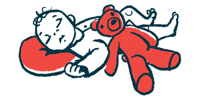 An illustration shows a baby sleeping with a teddy bear.