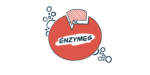 Illustration of an enzyme, shown as a red circular shape with a cutout section and bubbles around it.