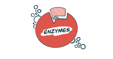 Illustration of an enzyme, shown as a red circular shape with a cutout section and bubbles around it.