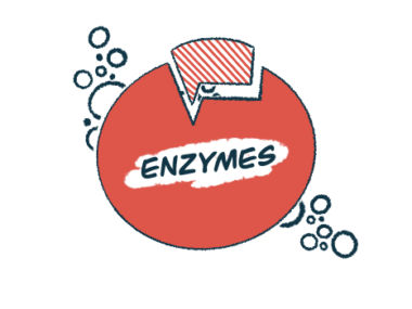 Illustration of an enzyme, shown as a red circular shape with a cutout section and bubbles around it.