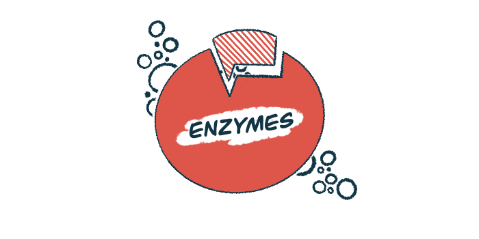 Illustration of an enzyme, shown as a red circular shape with a cutout section and bubbles around it.